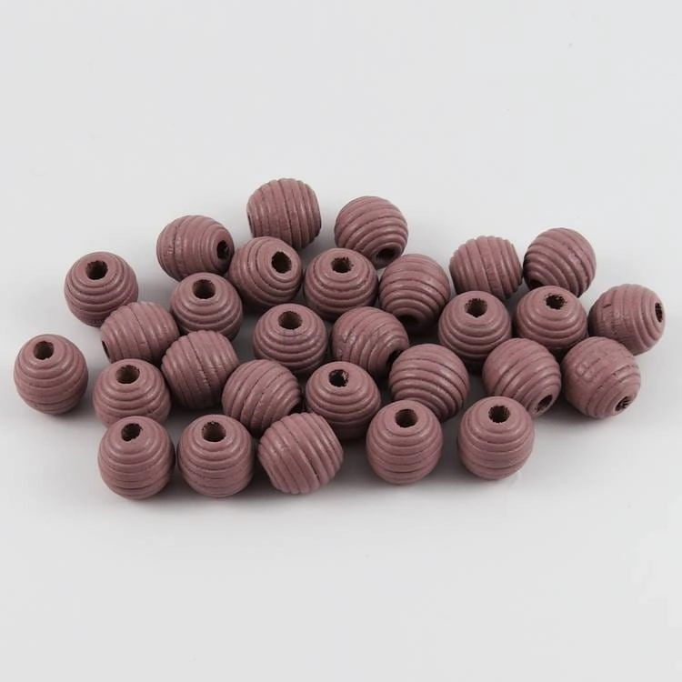 Drewniane koraliki żebrowany 13 mm beż/wrzos / 6 szt