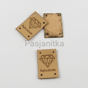 Metka ekoskóra "Rękodzieło" / 2 x 3 cm / jasny brąz, diament