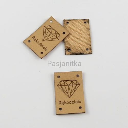 Metka ekoskóra "Rękodzieło" / 2 x 3 cm / jasny brąz, diament