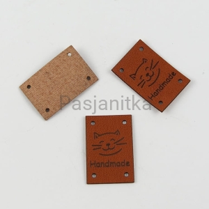 Metka ekoskóra "Handmade" / 2 cm x 3 cm / brąz, kot