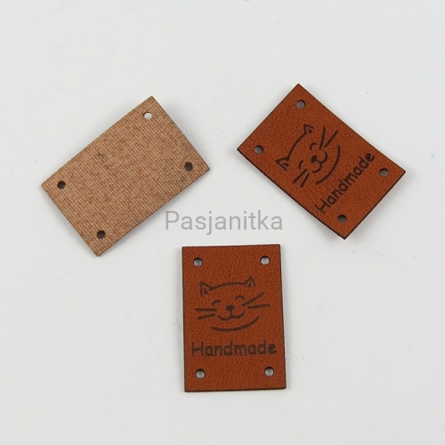 Metka ekoskóra "Handmade" / 2 cm x 3 cm / brąz, kot