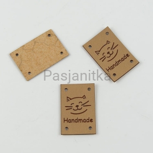 Metka ekoskóra "Handmade" / 2 cm x 3 cm / jasny brąz, kot