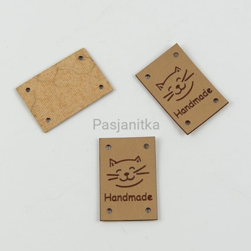 Metka ekoskóra "Handmade" / 2 cm x 3 cm / jasny brąz, kot