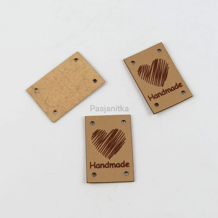 Metka ekoskóra "Handmade" / 2 cm x 3 cm / jasny brąz