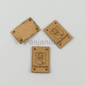 Metka ekoskóra "Handmade" / 2 cm x 3 cm / jasny brąz, miś