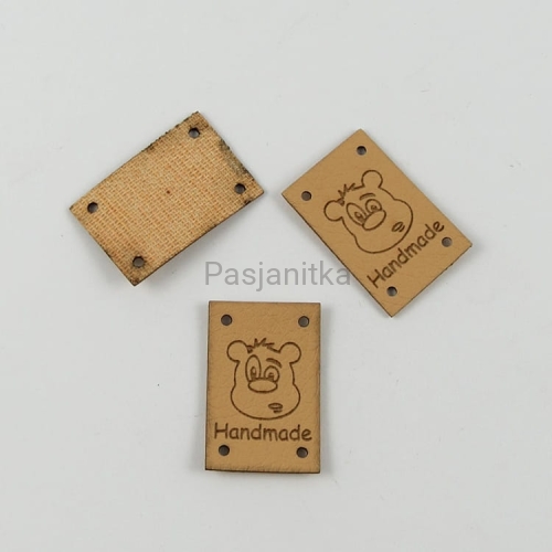 Metka ekoskóra "Handmade" / 2 cm x 3 cm / jasny brąz, miś