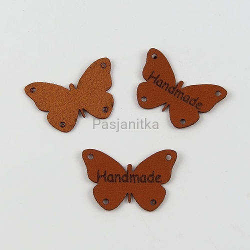 Metka ekoskóra "Handmade" motyl / 2 cm x 3 cm / brąz