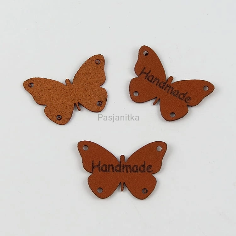 Metka ekoskóra "Handmade" motyl / 2 cm x 3 cm / brąz