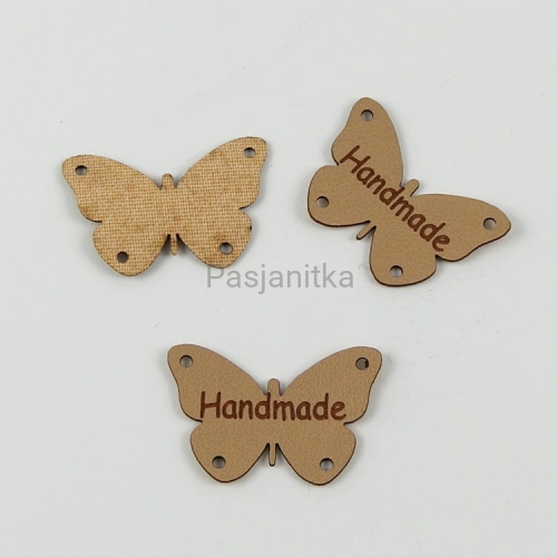 Metka ekoskóra "Handmade" motyl / 2 cm x 3 cm / jasny brąz
