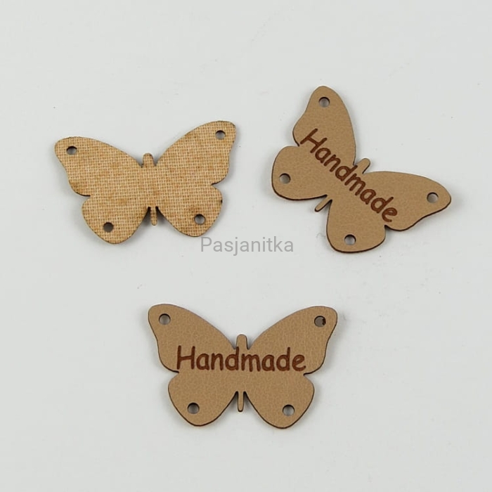 Metka ekoskóra "Handmade" motyl / 2 cm x 3 cm / jasny brąz