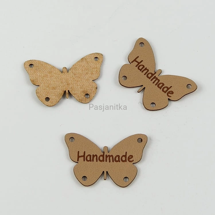 Metka ekoskóra "Handmade" motyl / 2 cm x 3 cm / jasny brąz
