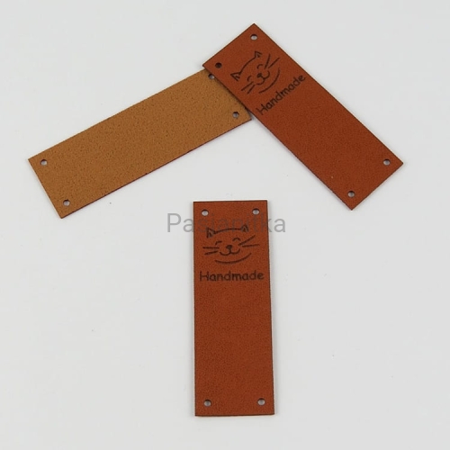 Metka ekoskóra "Handmade" / 6 cm x 2 cm / brąz, kot / góra