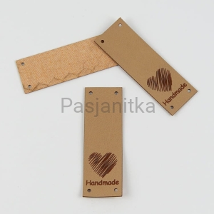 Metka ekoskóra "Handmade" / 6 cm x 2 cm / jasny brąz / dół