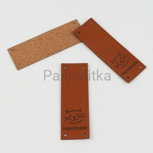 Metka ekoskóra "Handmade" / 6 cm x 2 cm / brąz, kot / dół
