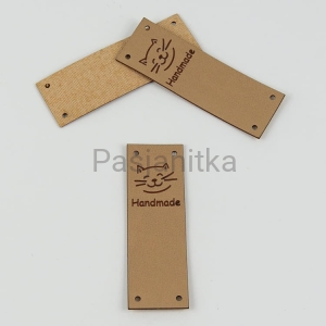 Metka ekoskóra "Handmade" / 6 cm x 2 cm / jasny brąz, kot / góra