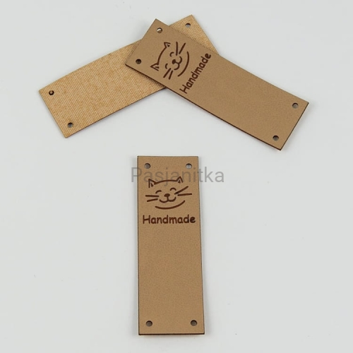 Metka ekoskóra "Handmade" / 6 cm x 2 cm / jasny brąz, kot / góra