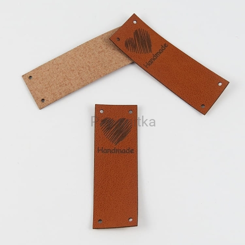 Metka ekoskóra "Handmade" / 6 cm x 2 cm / brąz / góra