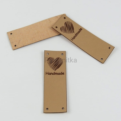 Metka ekoskóra "Handmade" / 6 cm x 2 cm / jasny brąz / góra