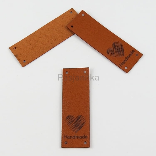 Metka ekoskóra "Handmade" / 6 cm x 2 cm / brąz / dół