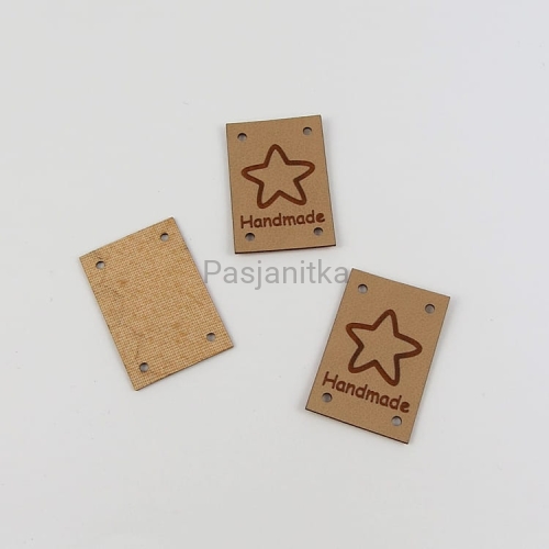 Metka ekoskóra "Handmade" / 2 cm x 3 cm / jasny brąz, gwiazda
