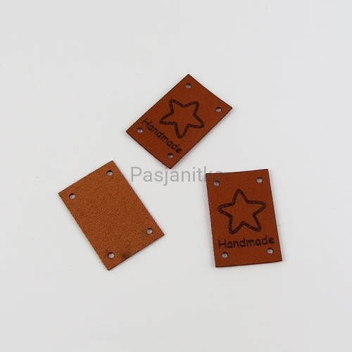 Metka ekoskóra "Handmade" / 2 cm x 3 cm / brąz, gwiazda