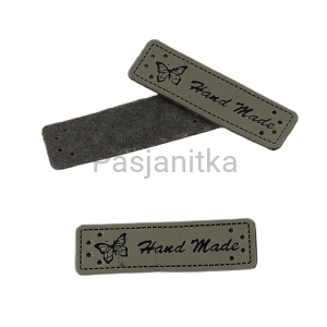 Metka ekoskóra "handmade" z motylem 5 cm / szary