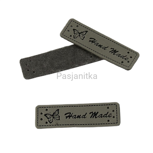 Metka ekoskóra "handmade" z motylem 5 cm / szary