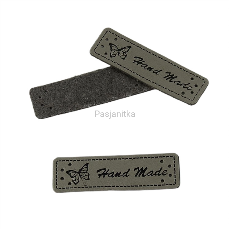 Metka ekoskóra "handmade" z motylem 5 cm / szary