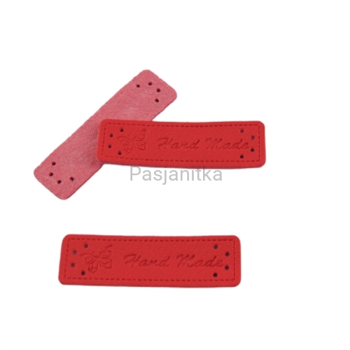 Metka ekoskóra "handmade" z motylem 5 cm / czerwony