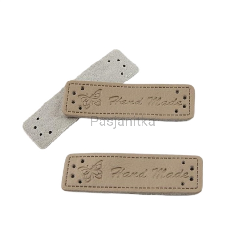 Metka ekoskóra "handmade" z motylem 5 cm / szary-beż