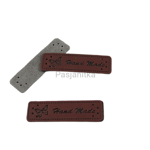 Metka ekoskóra "handmade" z motylem 5 cm/ciemny brąz