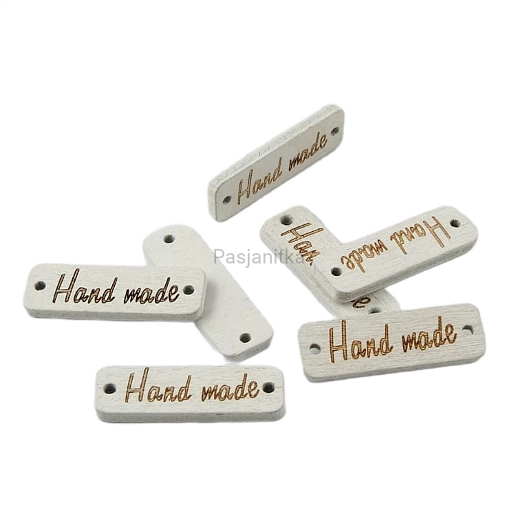 Guzik drewniany "Hand Made" prostokąt 10 x 30 mm / biały