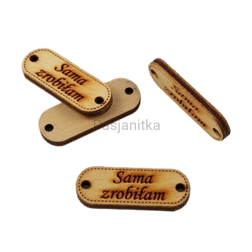 Guzik drewniany "Sama zrobiłam" 3,2 cm x 1,2 cm