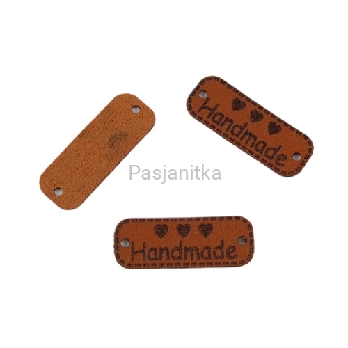 Metka ekoskóra "Handmade" / 3 cm x 1,1 cm / brąz, serca
