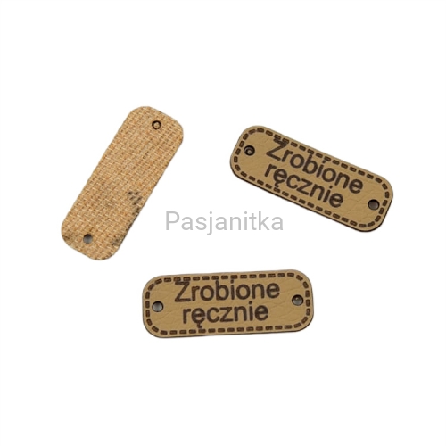 Metka ekoskóra "Zrobione ręcznie" / 3 cm x 1,1 cm / jasny brąz