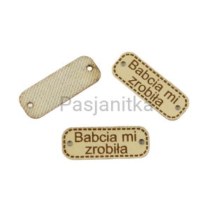 Metka ekoskóra "Babcia mi zrobiła" / 3 cm x 1,1 cm / jasny