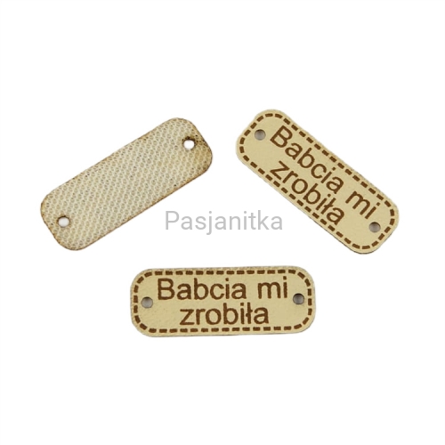 Metka ekoskóra "Babcia mi zrobiła" / 3 cm x 1,1 cm / jasny
