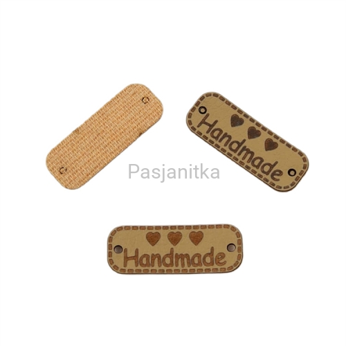 Metka ekoskóra "Handmade" / 3 cm x 1,1 cm / jasny brąz, serca