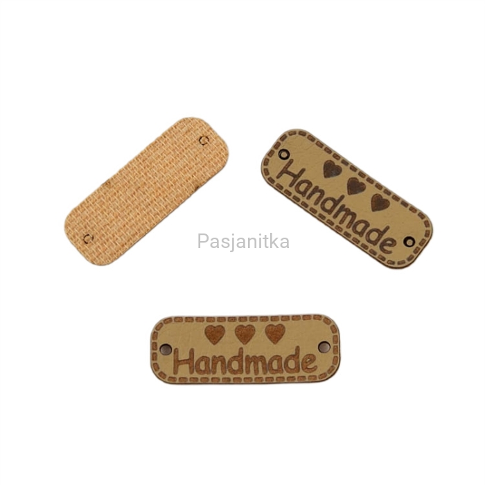 Metka ekoskóra "Handmade" / 3 cm x 1,1 cm / jasny brąz, serca