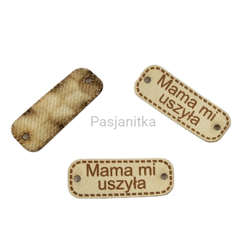 Metka ekoskóra "Mama mi uszyła" / 3 cm x 1,1 cm / jasny