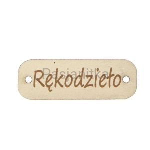 Metka ekoskóra "Rękodzieło" / 4 cm x 1,3 cm / jasny