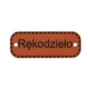Metka ekoskóra "Rękodzieło" / 4 cm x 1,3 cm / brąz