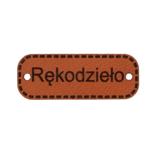 Metka ekoskóra "Rękodzieło" / 4 cm x 1,3 cm / brąz
