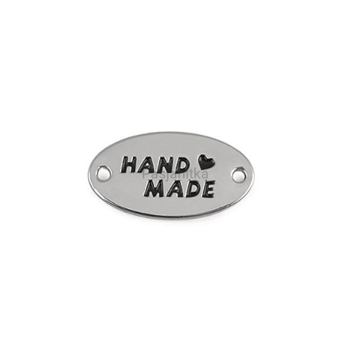 Metka metalowa "Handmade" 12 x 25 mm / srebrny owal