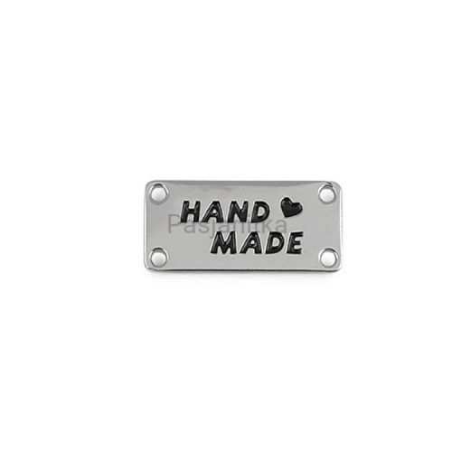 Metka metalowa "Handmade" 12 x 25 mm / srebrny prostokąt