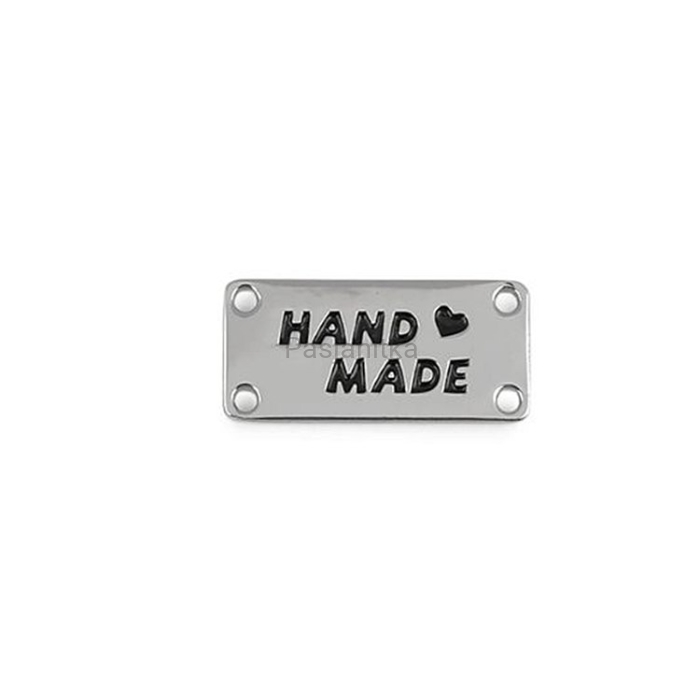Metka metalowa "Handmade" 12 x 25 mm / srebrny prostokąt