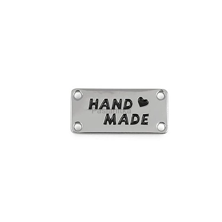 Metka metalowa "Handmade" 12 x 25 mm / srebrny prostokąt